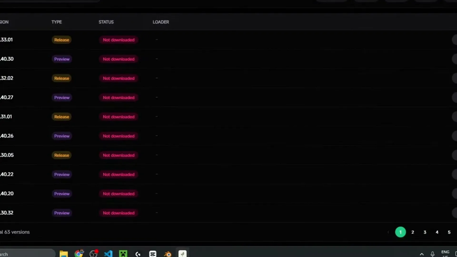 The Download page lists every Minecraft Bedrock release and preview