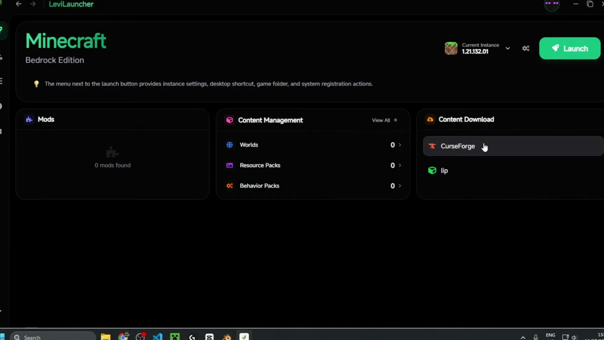 The Home page: mods, worlds, packs and CurseForge content for the current version