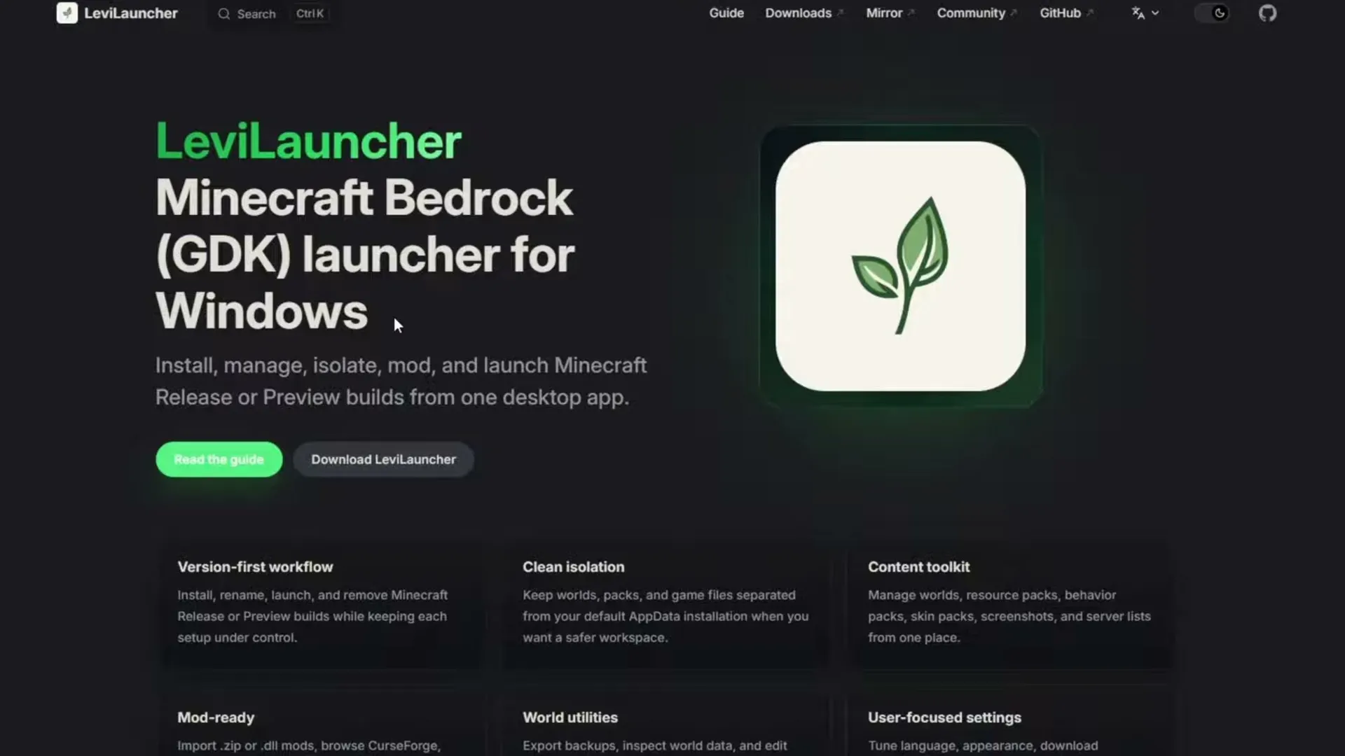 The LeviLauncher website, a Minecraft Bedrock GDK launcher for Windows
