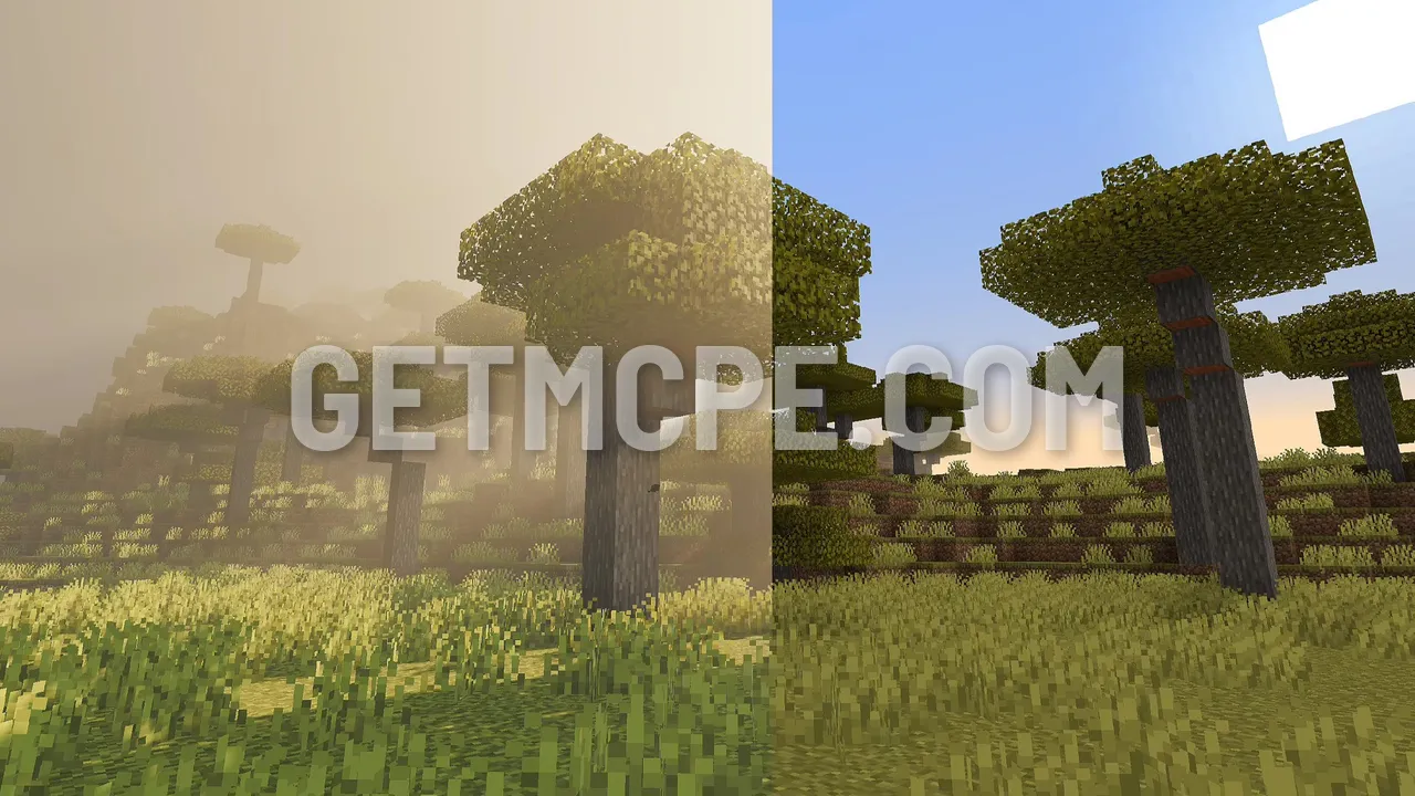 Savanna trees in morning haze with Vibrant Visuals (left), the clear default look (right)