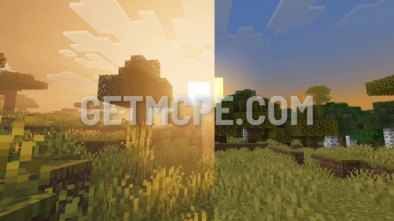 Savanna at sunset: the sun glows through the grass with Vibrant Visuals (left), the default sky (right)