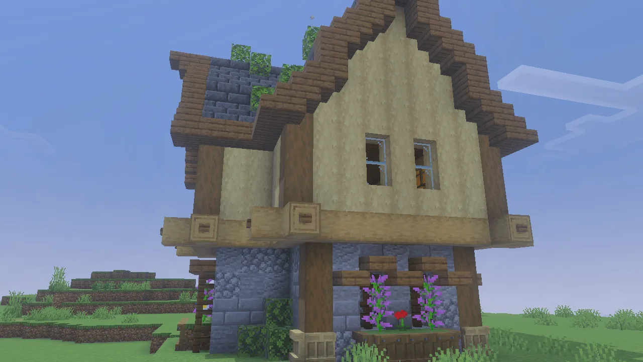 1500 Days Hardcore Survival World: Custom house with layered roof and vines