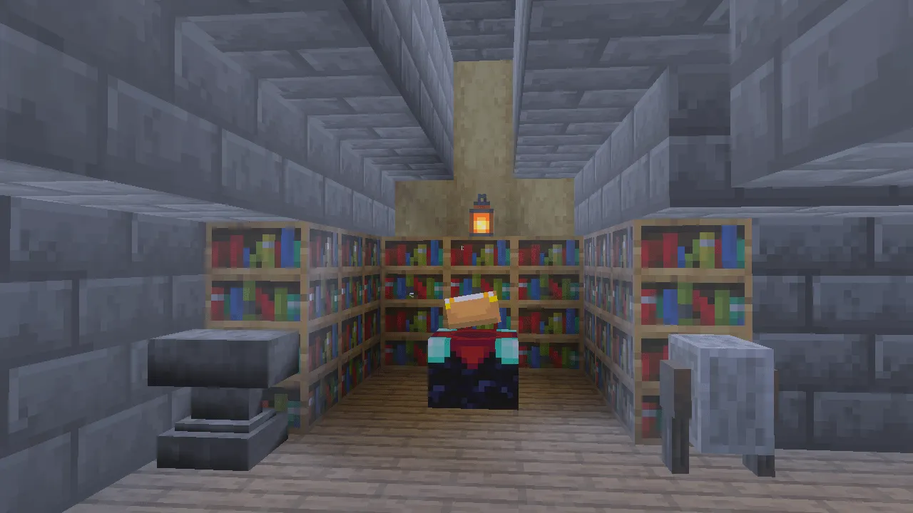1500 Days Hardcore Survival World: Library with bookshelves and lantern