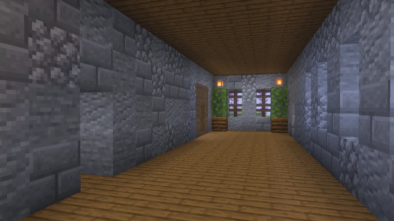 1500 Days Hardcore Survival World: Stone hallway with wooden floor and windows