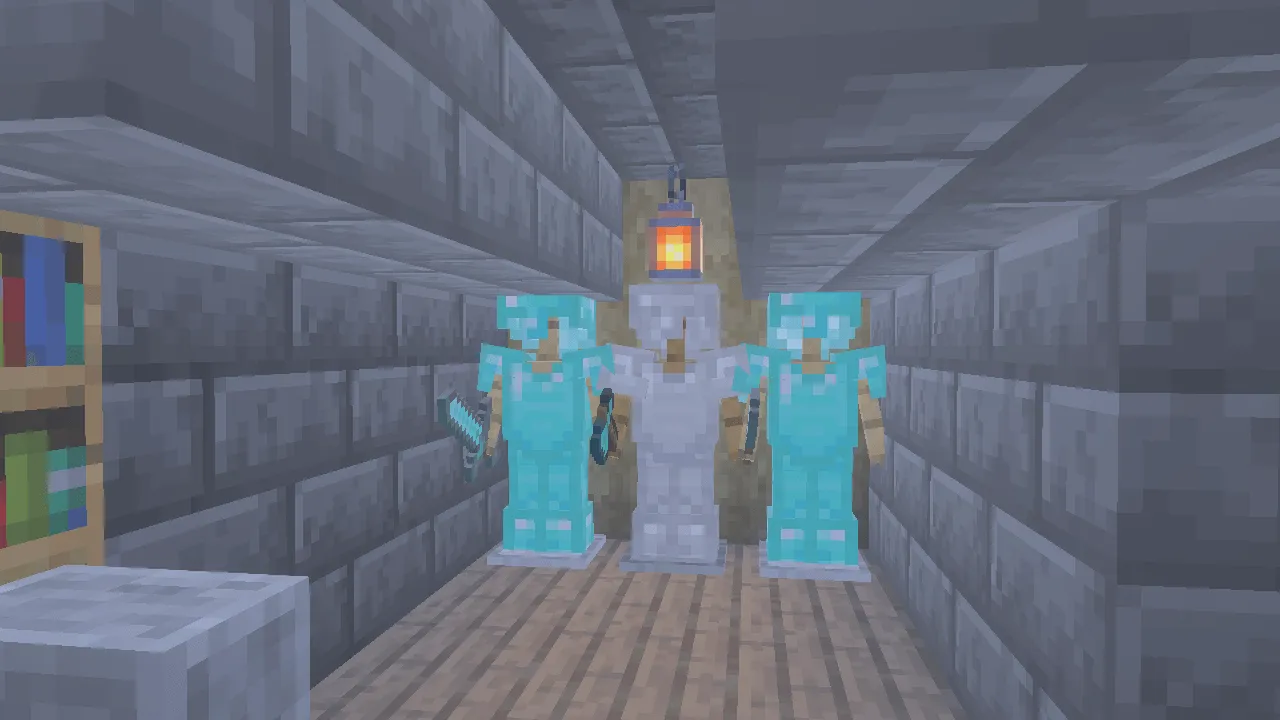 1500 Days Hardcore Survival World: Three armored figures in a stone hallway