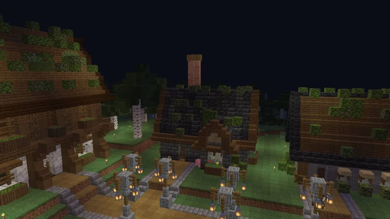 500 Days survival world: Night scene with wooden houses and torches