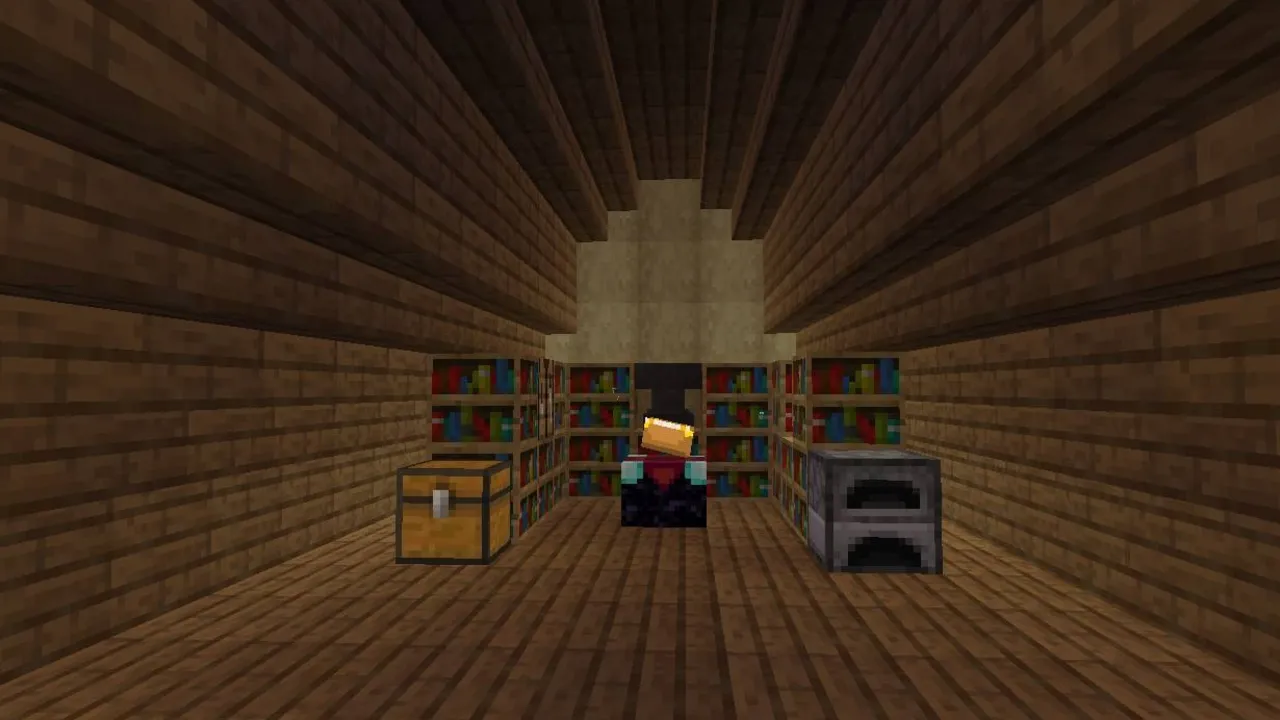 500 Days survival world: Wooden room with bookshelves and chest