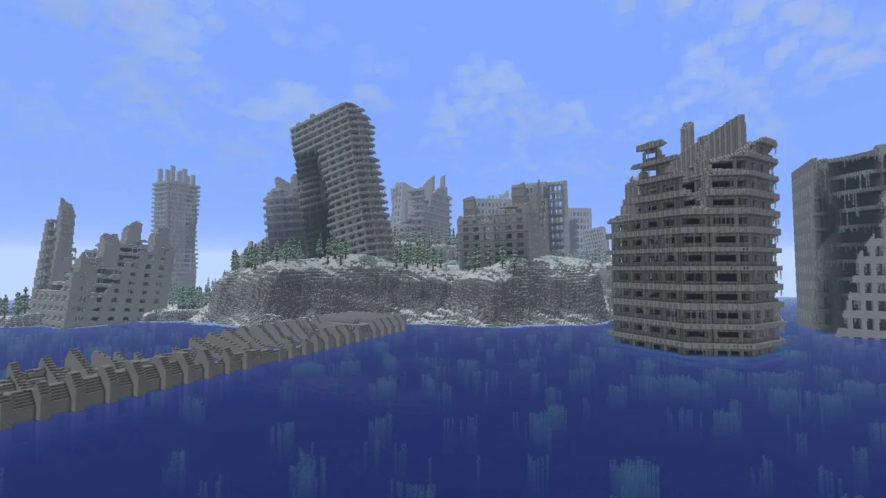 Abandoned City map: Snowy island with city buildings