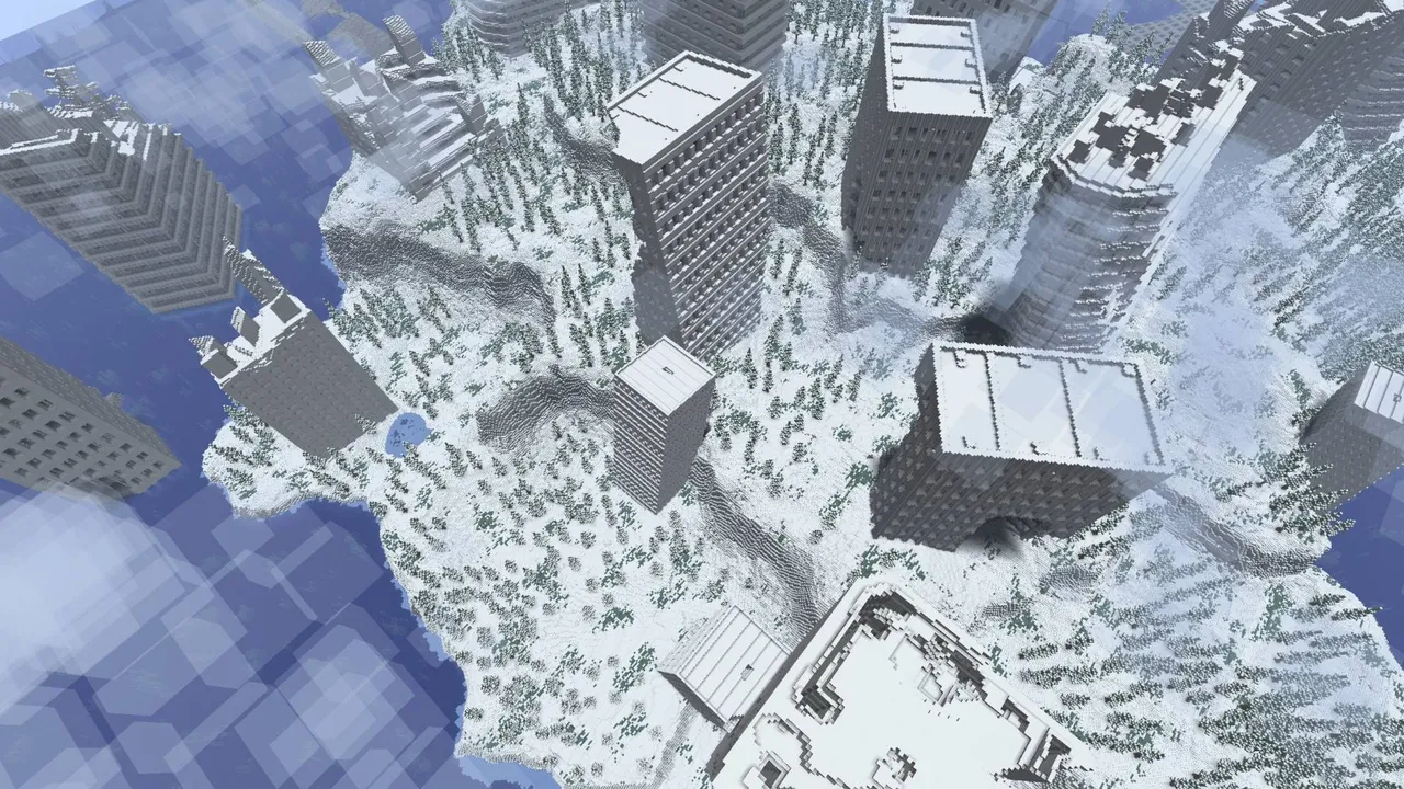 Abandoned City map: Snowy island with empty buildings