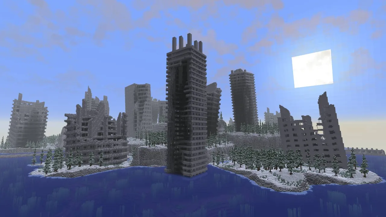 Abandoned City map for Minecraft PE: Snowy island with tall empty buildings
