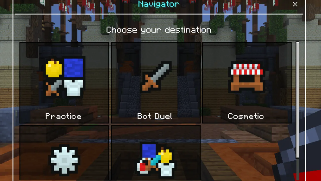 Amixi Practice map: Navigator menu with practice bot duel cosmetic options