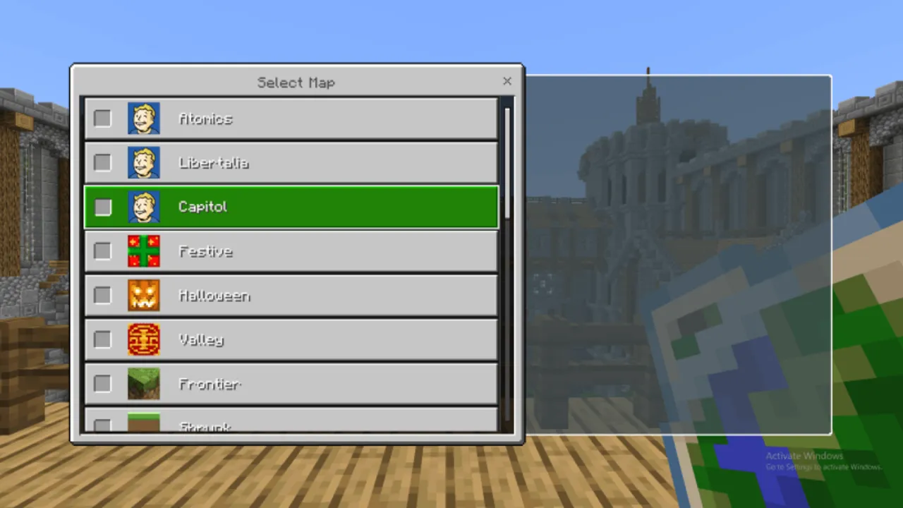 Battle Mini Game map: Map selection menu with Capitol highlighted