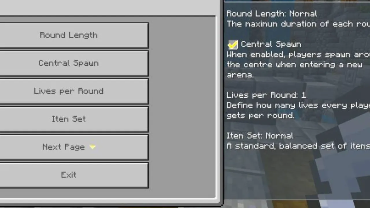 Battle Mini Game map: Settings menu with round options
