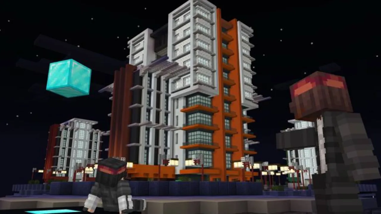 Bedwars Mini-Game map: City buildings at night with glowing blocks