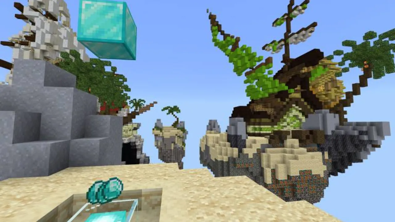 Bedwars Mini-Game map: Floating island with trees and a diamond block