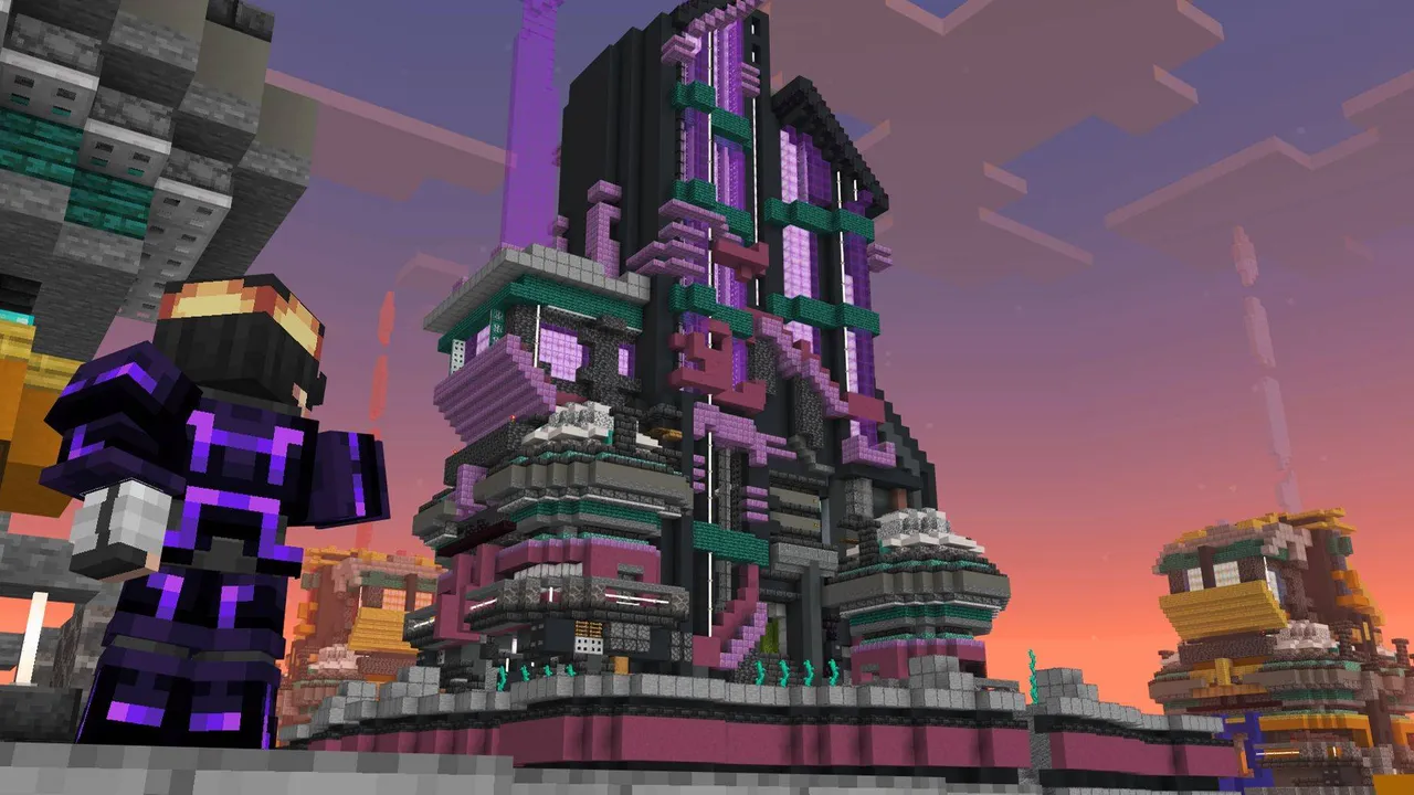 Bedwars Mini-Game map: Player in purple armor stands before tall tower