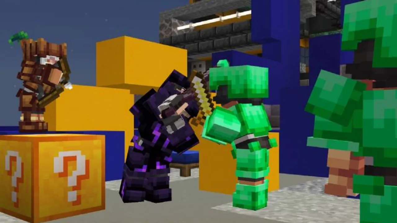 Bedwars Mini-Game map: Players fighting with armor and weapons