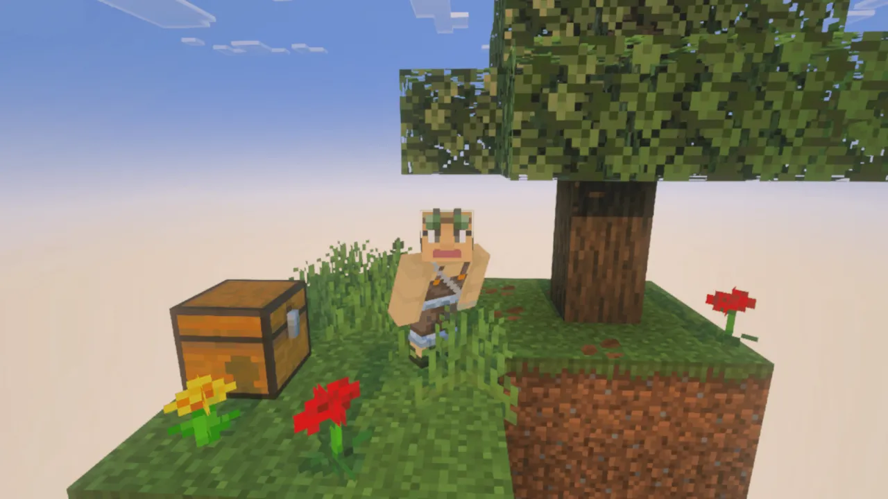 Classic Sky Block map: Player standing on floating island with tree and chest
