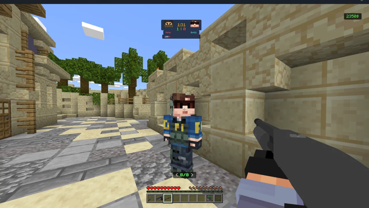 Counter-Strike map: Player aiming at another player in a stone building