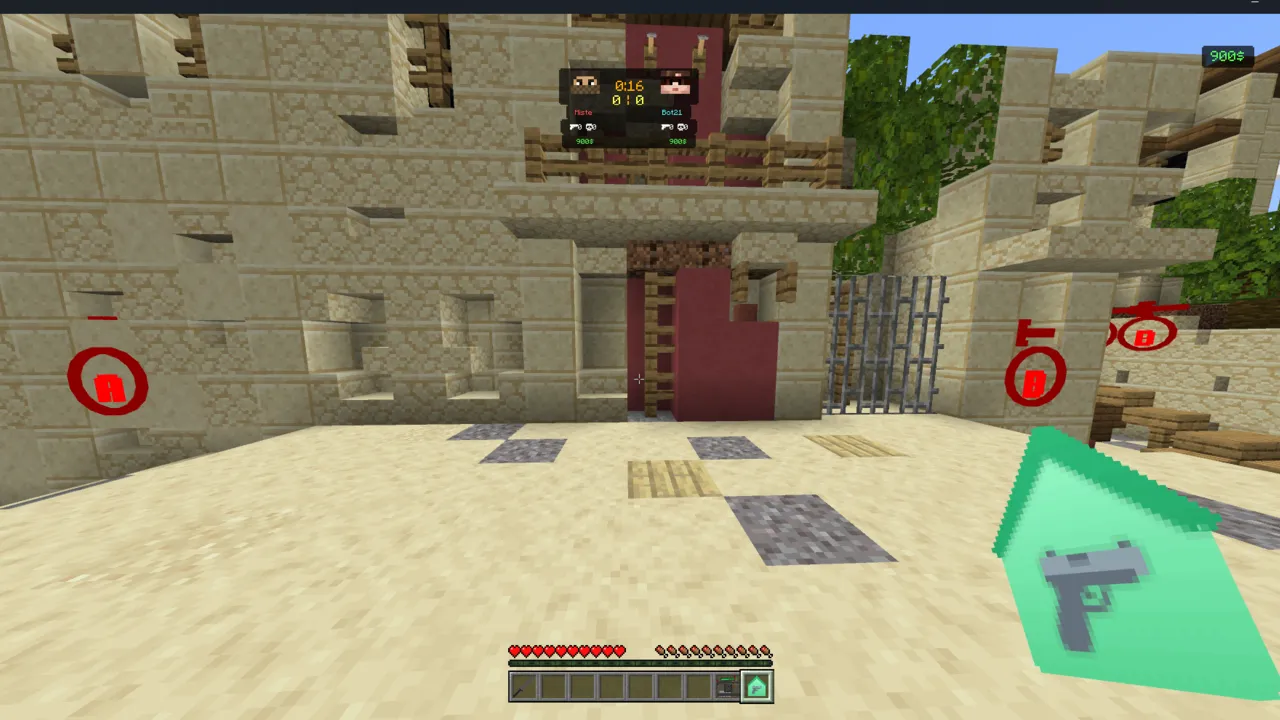 Counter-Strike map: Player holding pistol in front of stone building