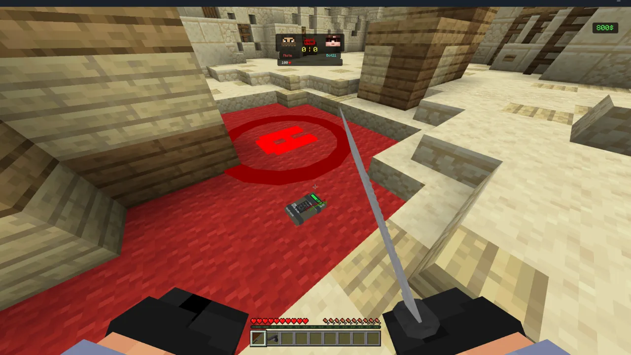 Counter-Strike map: Player holds sword over red liquid in stone area