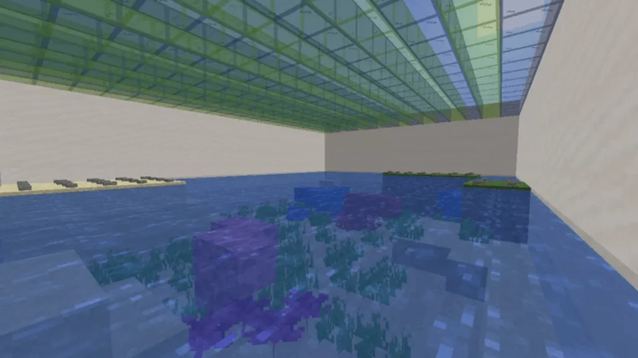 Find The Button map: Water room with purple blocks and green plants
