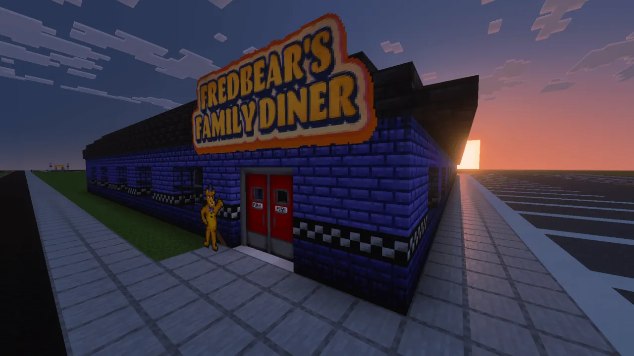 FNaF Silvia map: Fredbear's Family Diner building at sunset