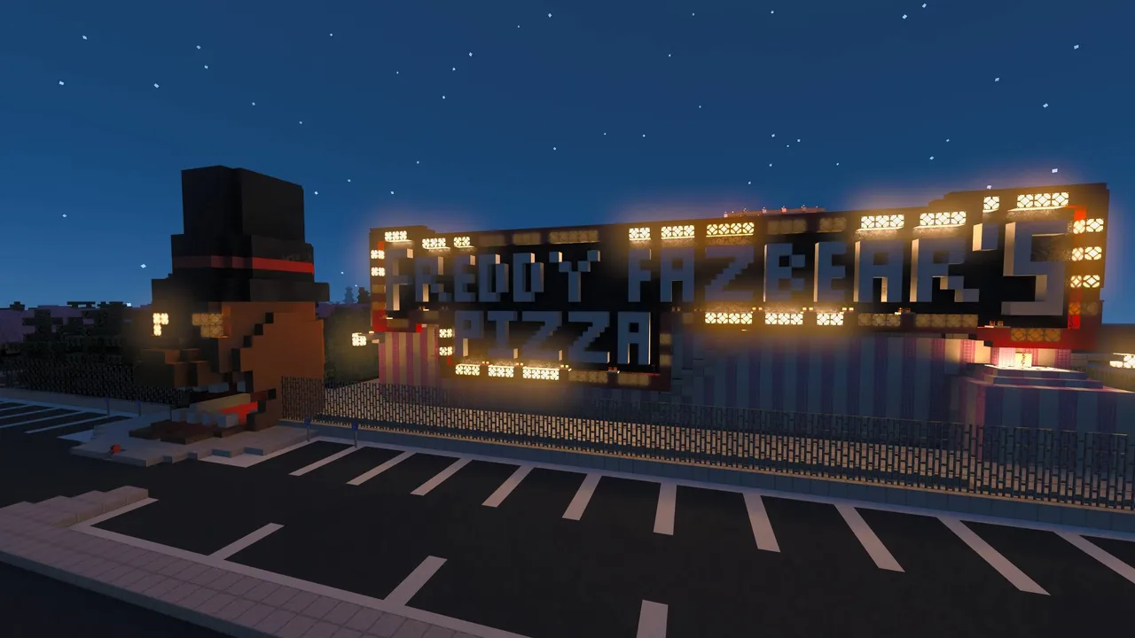 FNaF Silvia map for Minecraft PE: Pizzeria with glowing sign at night
