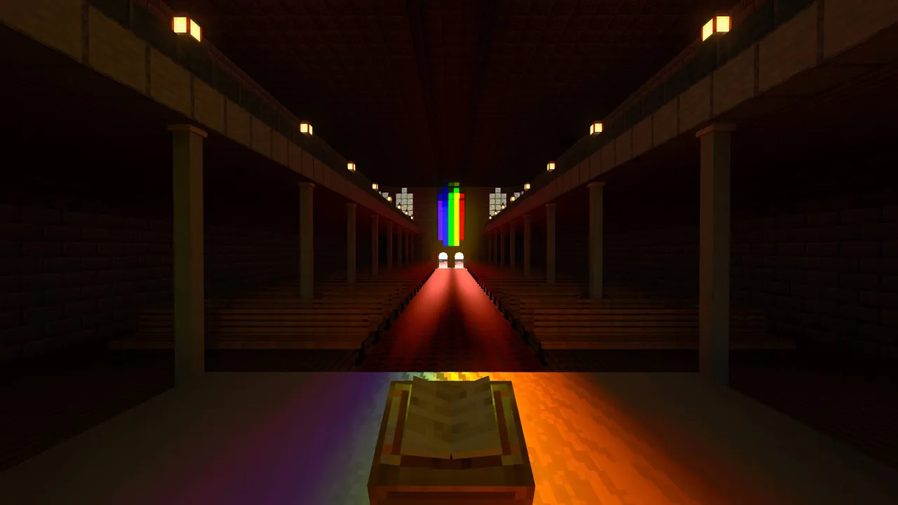 FNaF Silvia map: Red carpet hallway with colorful light at end