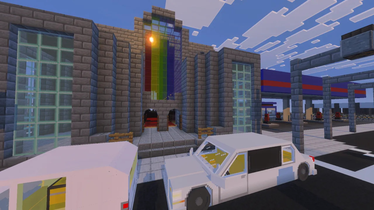 FNaF Silvia map: White car parked near stone building with rainbow window