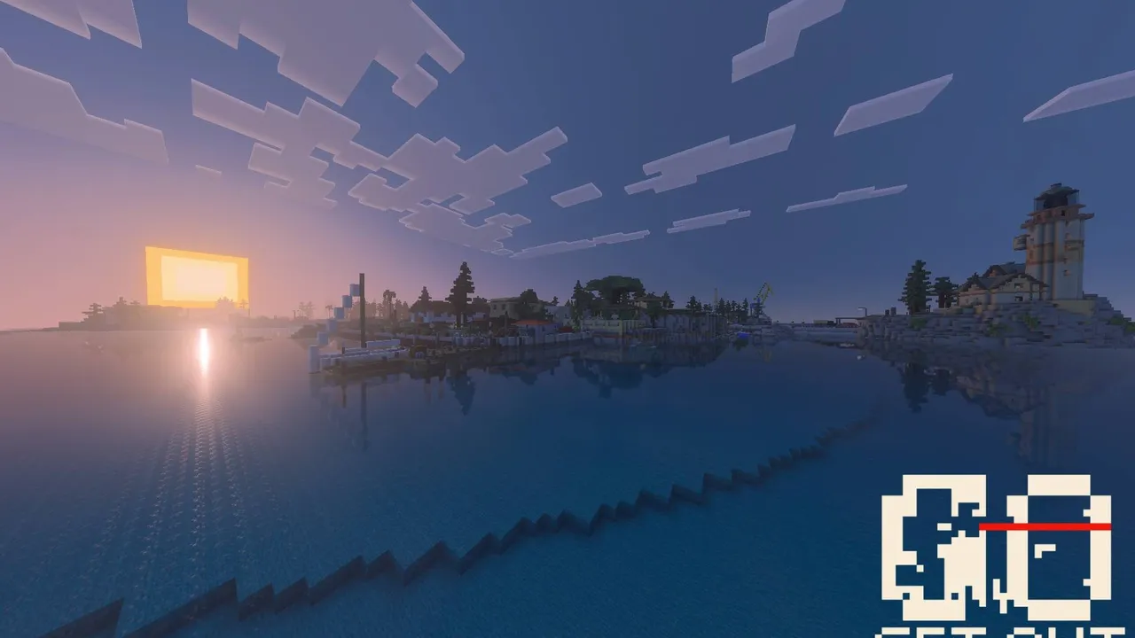 GO - Get Out map for Minecraft PE: Sunset over water with lighthouse