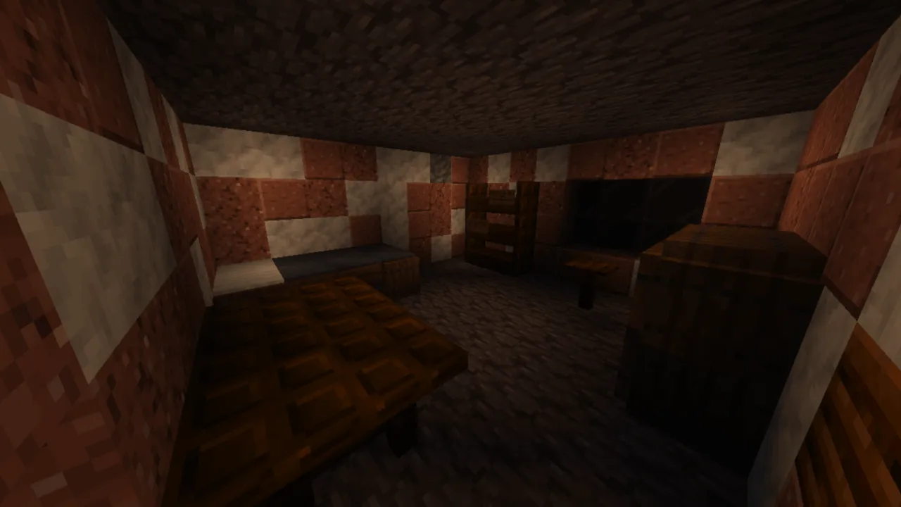 Granny - Multiplayer map: Dark room with wooden furniture and stone walls