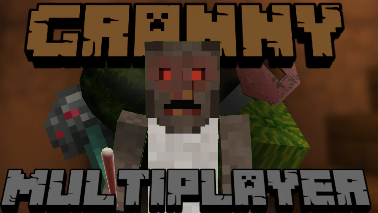 Granny - Multiplayer map for Minecraft PE: Granny with red eyes holding a weapon