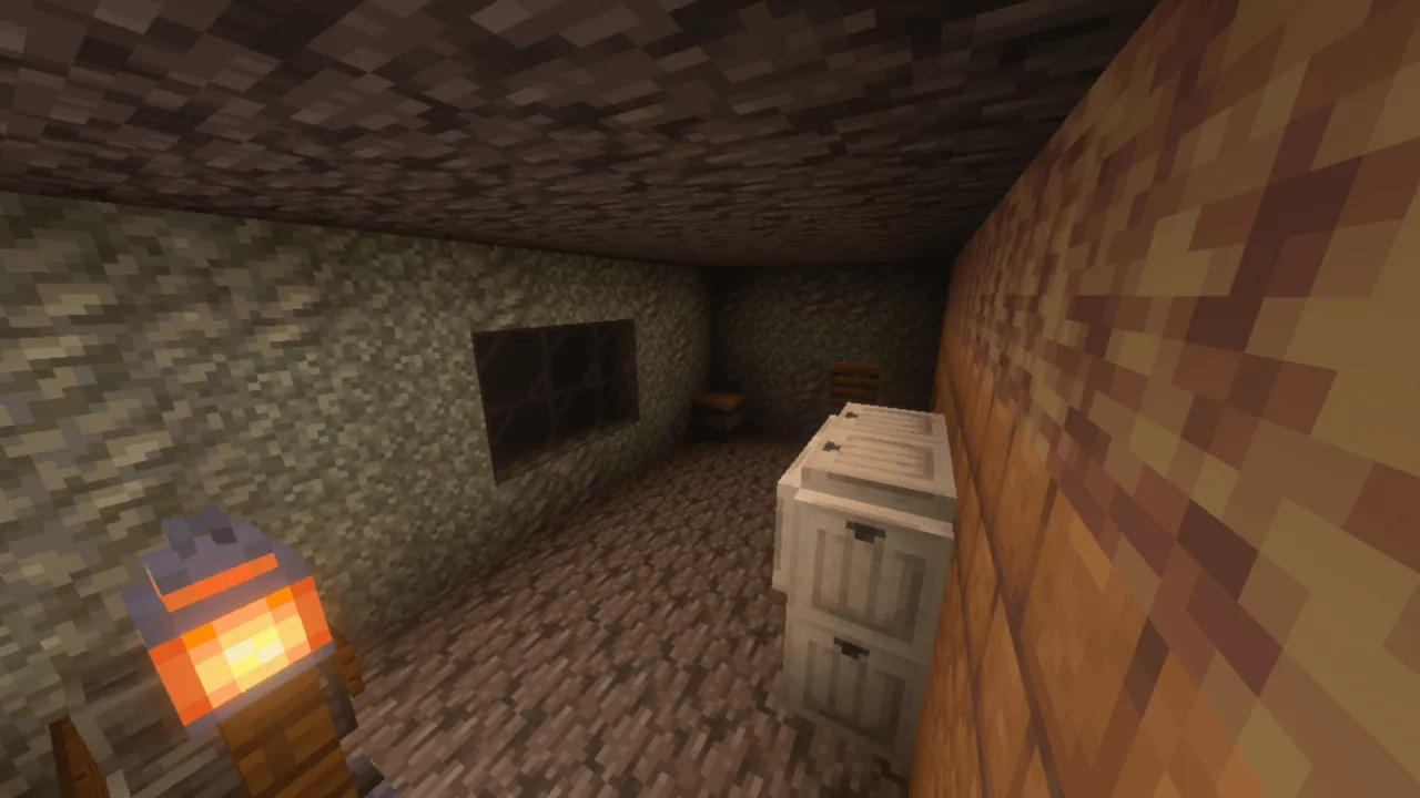 Granny - Multiplayer map: Player holding lantern in dim room with wooden chest