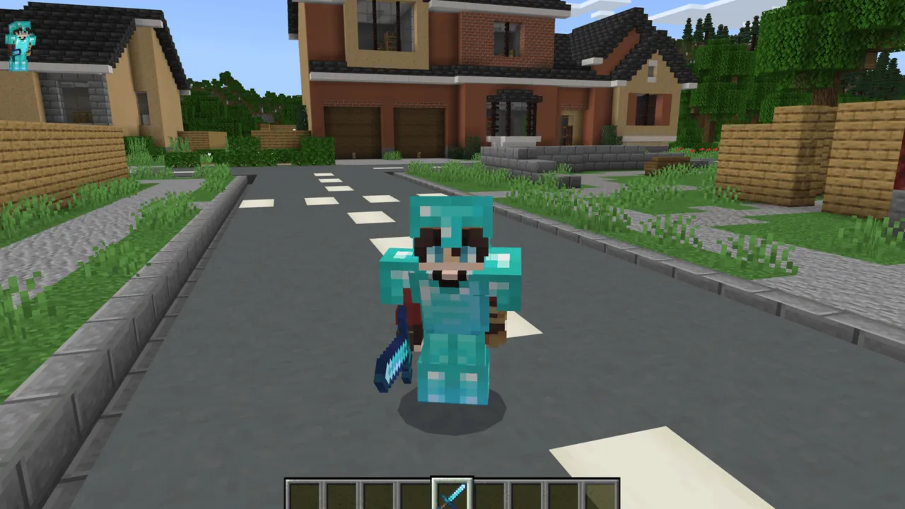 Hacker Tools map: Player in blue armor holding sword on street