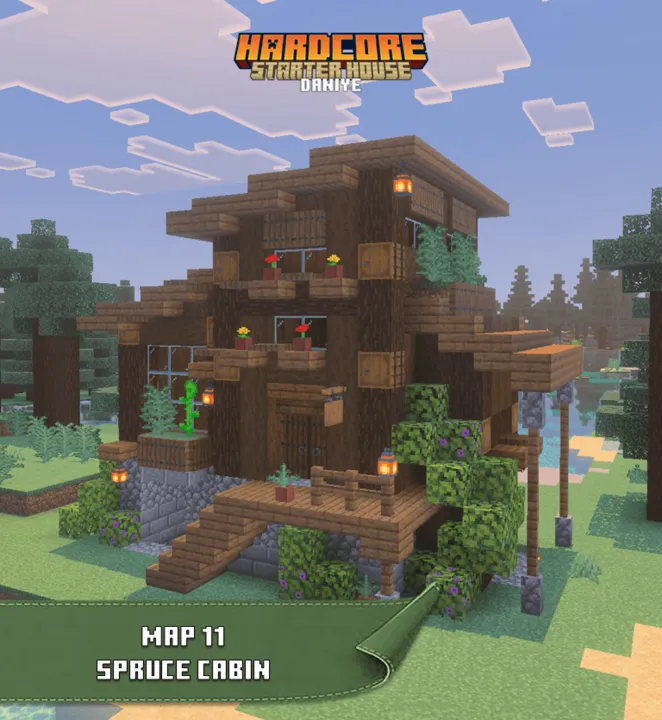 Hardcore Starter House map: Spruce cabin in forest with lanterns