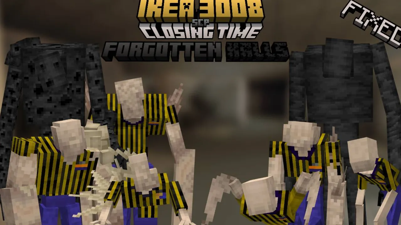 Ikea 3008 map for Minecraft PE: Characters in striped outfits standing in a dark room