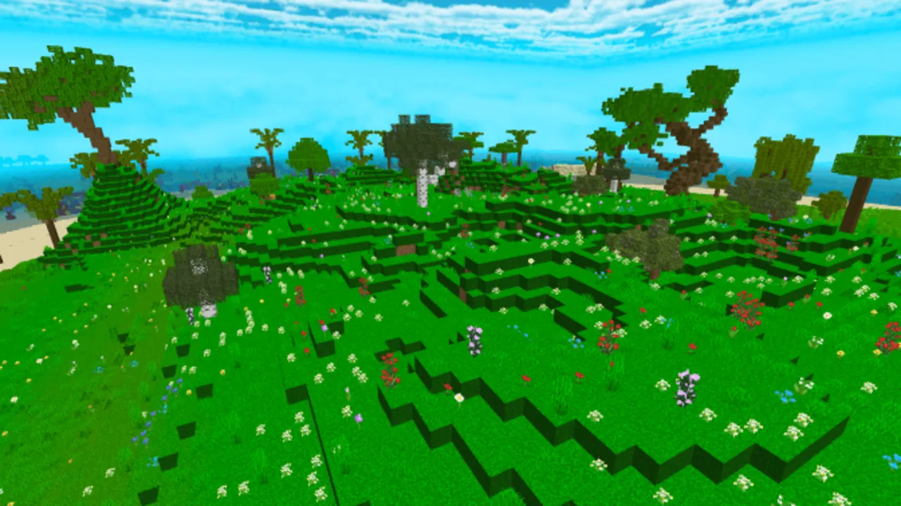 Island Survival with 30 Trial Chambers map: Green island with trees and flowers