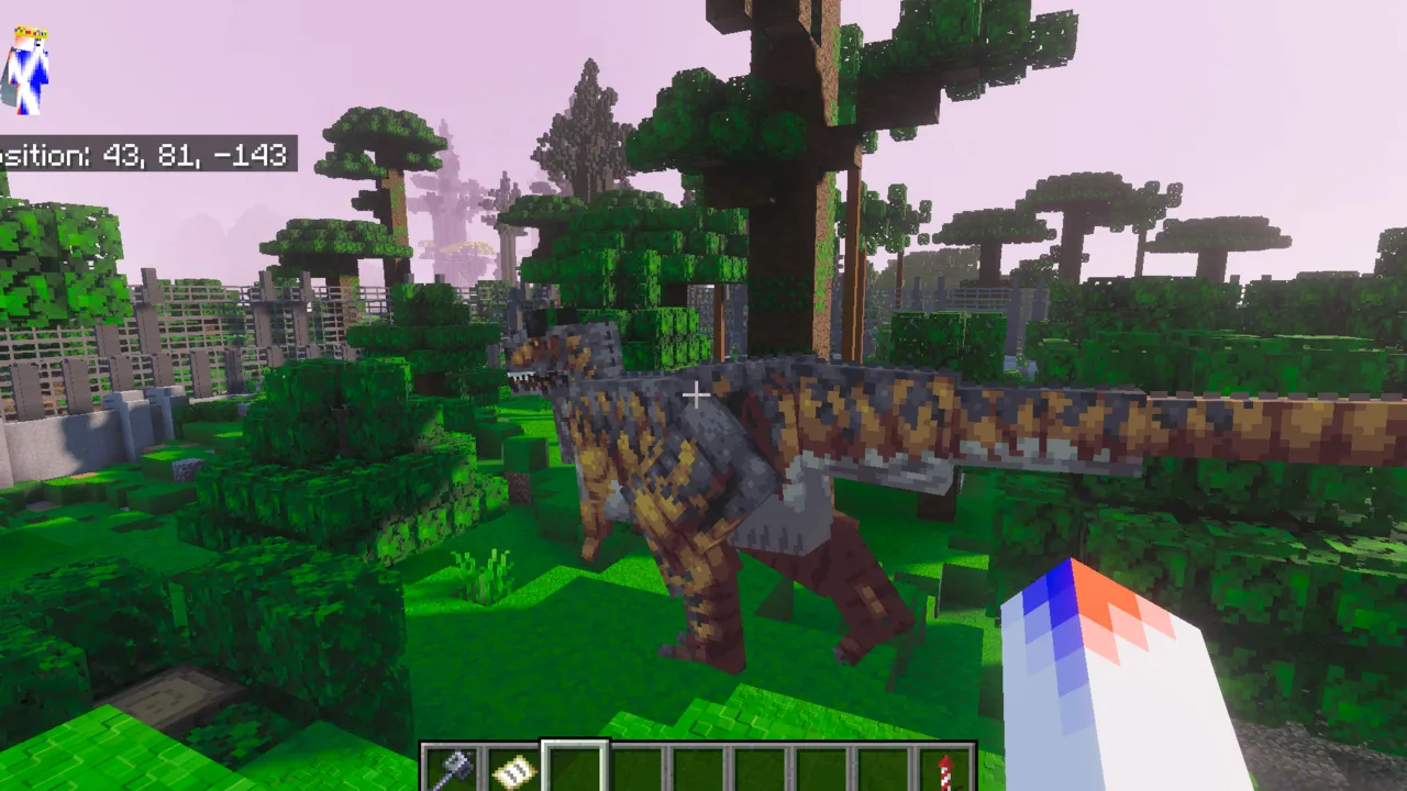 Jurassic World MrMaza4 map for Minecraft PE: Player holding tool near dinosaur in park
