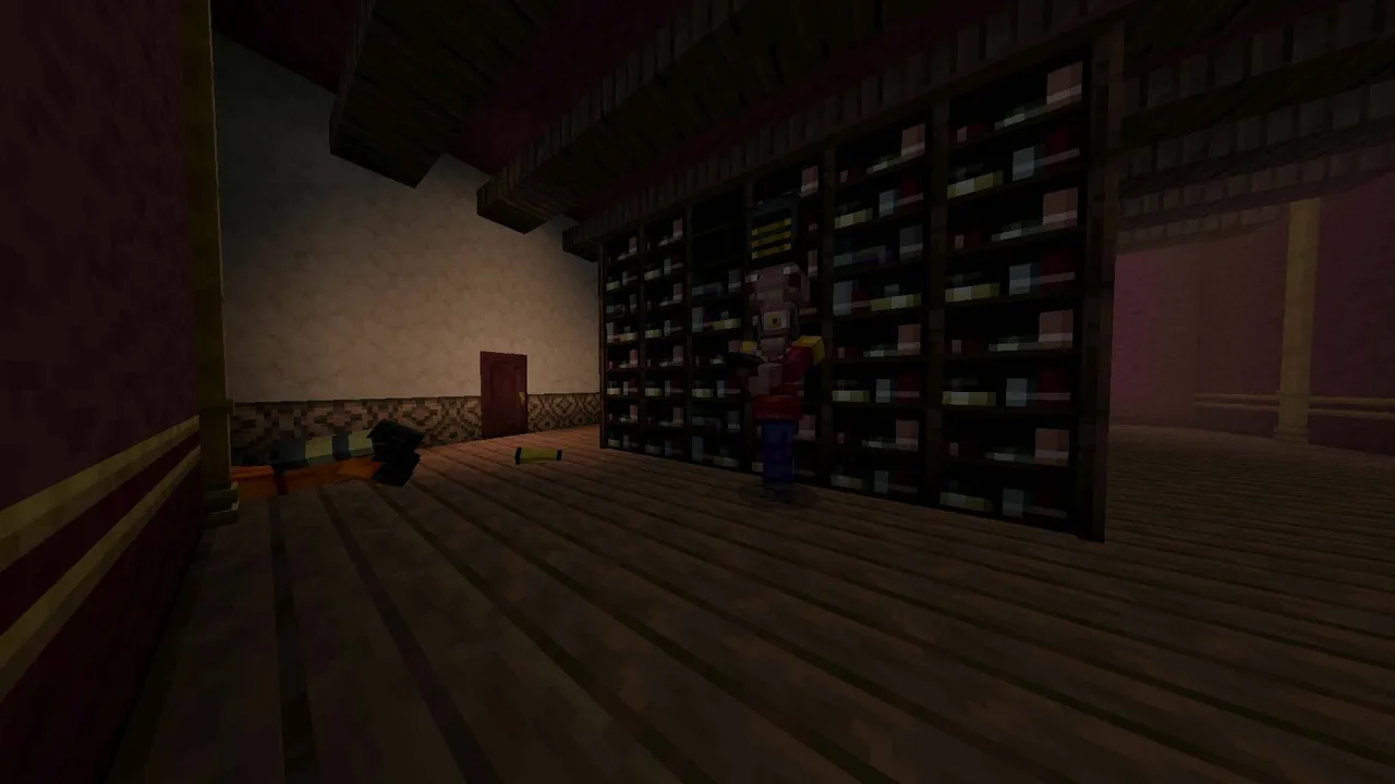 LethalCraft map: Player in a dim mansion with bookshelves