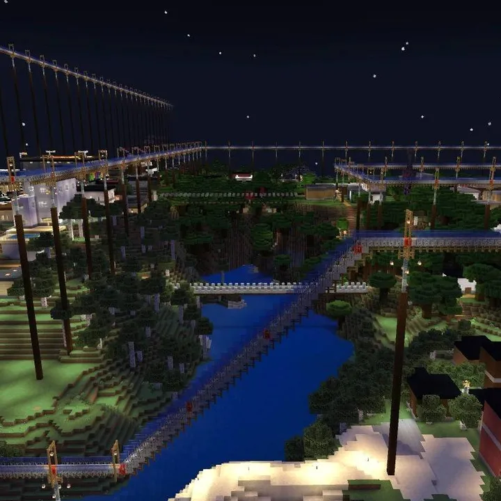 Little Land SMP map: Night scene with bridges over water and trees