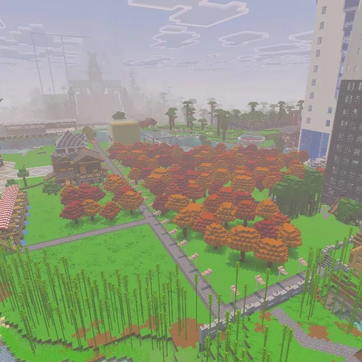 Little Land SMP map: City with autumn trees and tall buildings