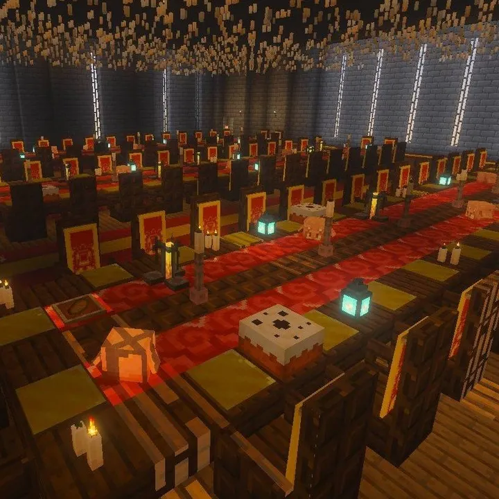 Little Land SMP map: Large hall with red carpet and lanterns