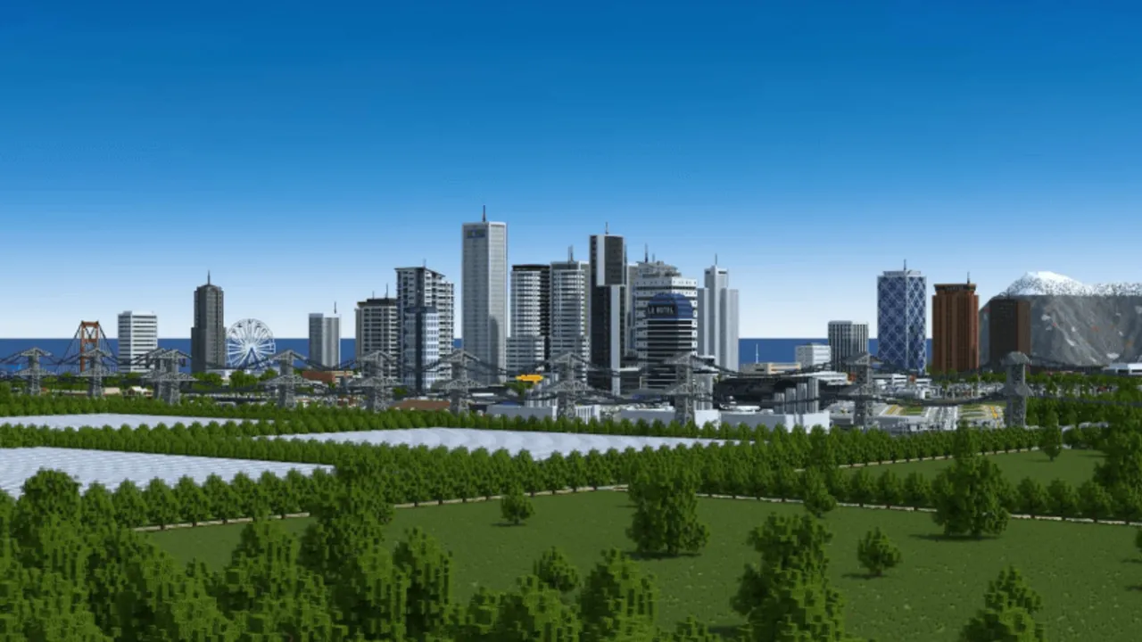 Los Perrito City map: City skyline with tall buildings and green fields