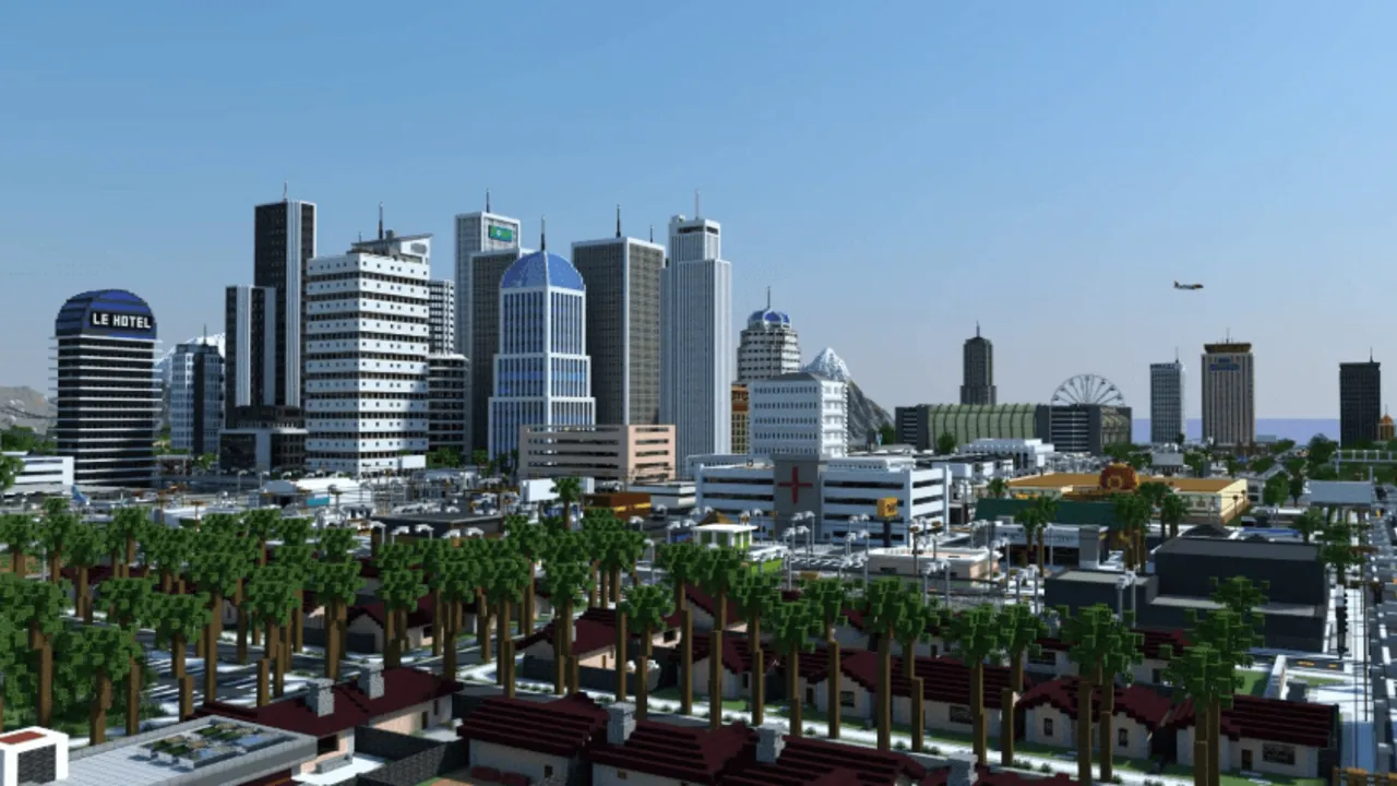 Los Perrito City map for Minecraft PE: City skyline with tall buildings and palm trees
