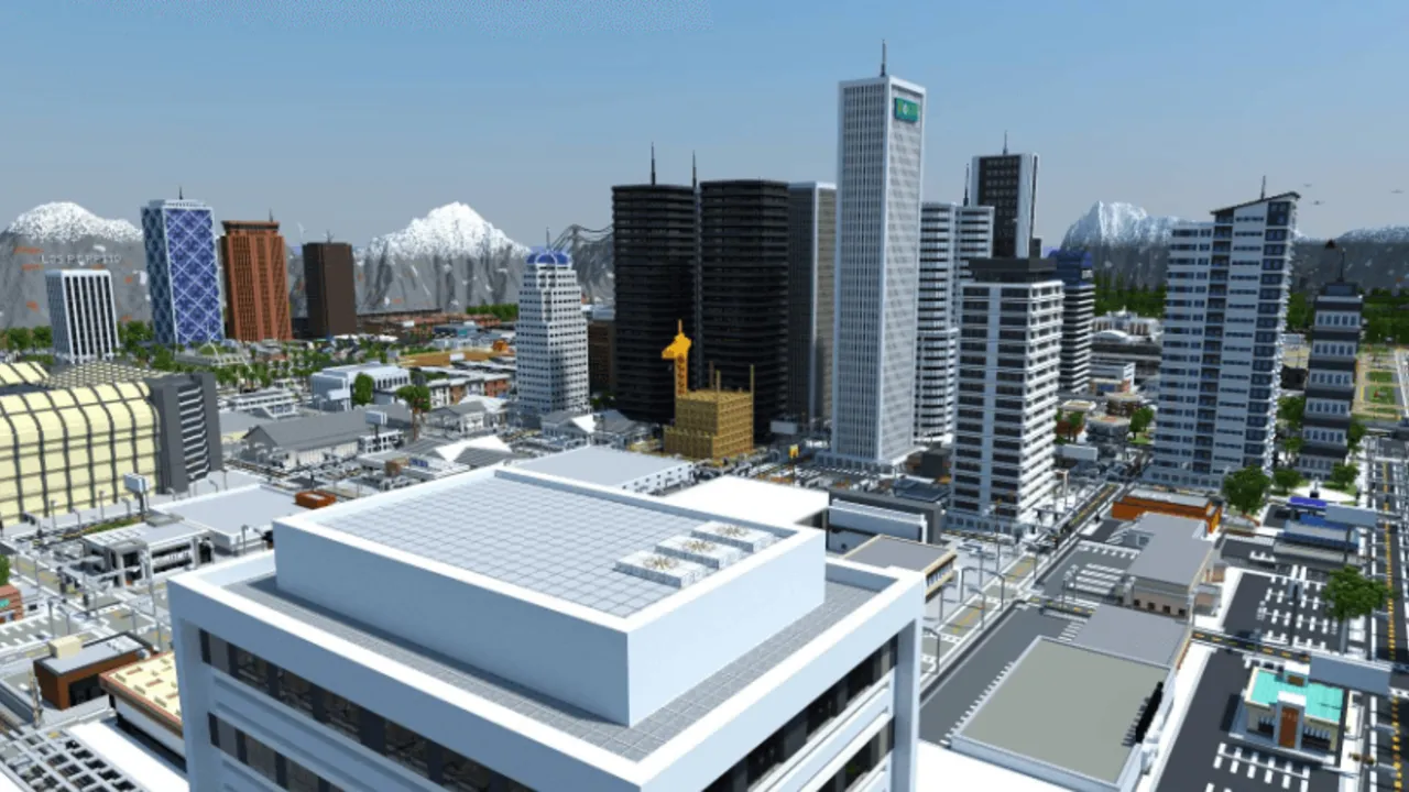 Los Perrito City map: City with tall buildings and snowy mountains