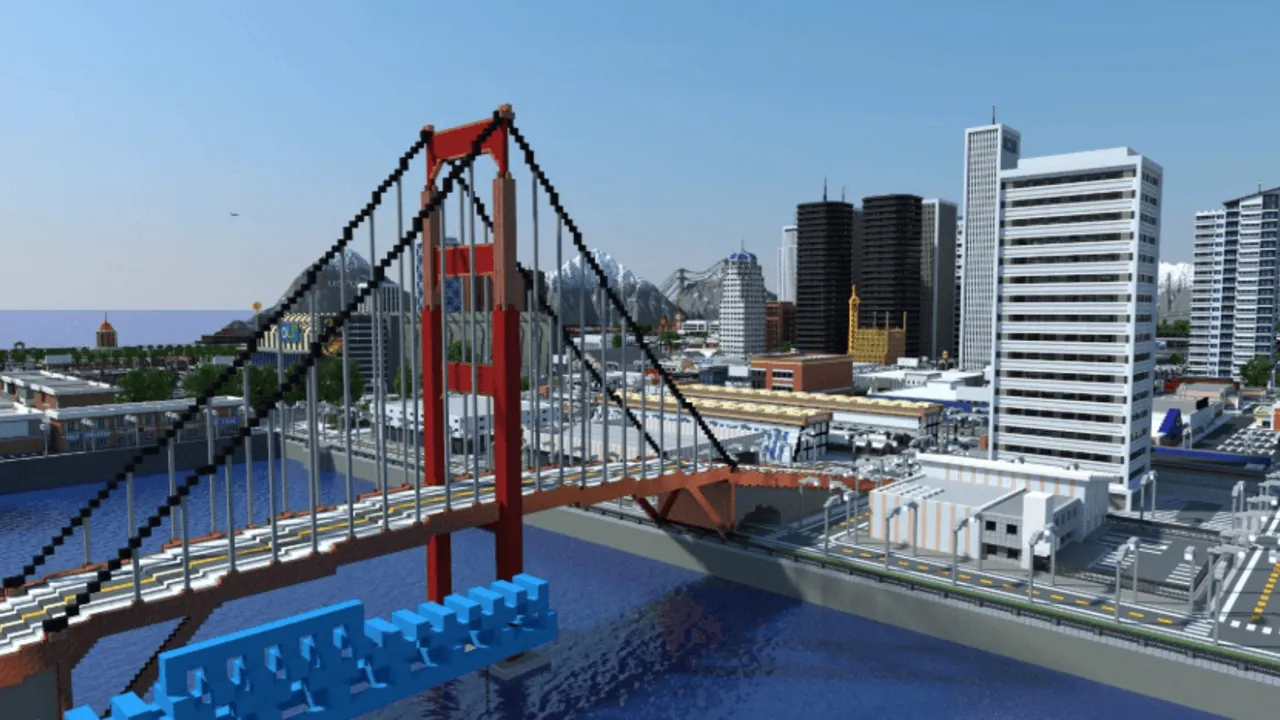 Los Perrito City map: Red bridge over water with city buildings