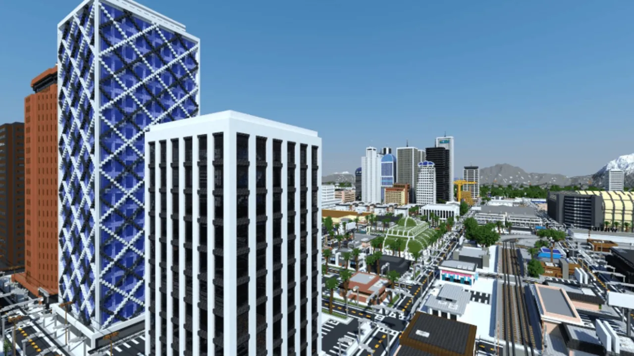 Los Perrito City map: Tall buildings in a city with roads and trains