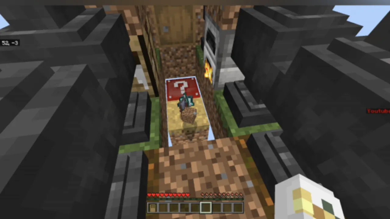 Lucky One Block map: Player in a narrow stone tunnel with a bed