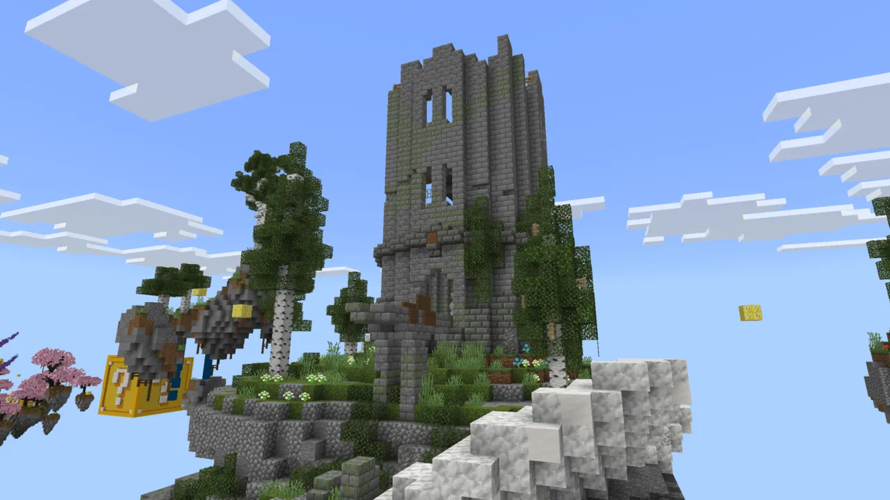 Lucky Sky Block Challenge map: Floating island with stone tower and trees